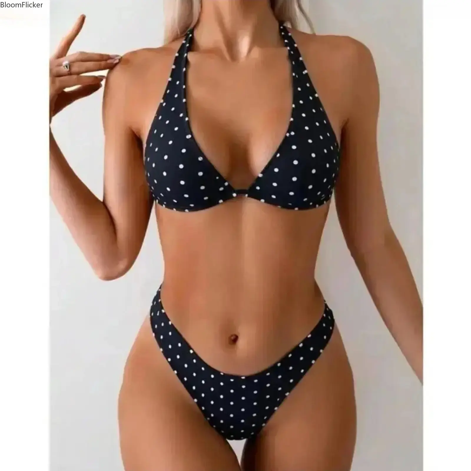 Women Retro Polka Dot 2 Piece Bikini Set, Chic Triangle Tie Neck Swimsuit, Soft Comfort Black Bathing Suit, Stylish Beach Swimwear for Sunbathing, Pool Days & Resort Vacation Trips