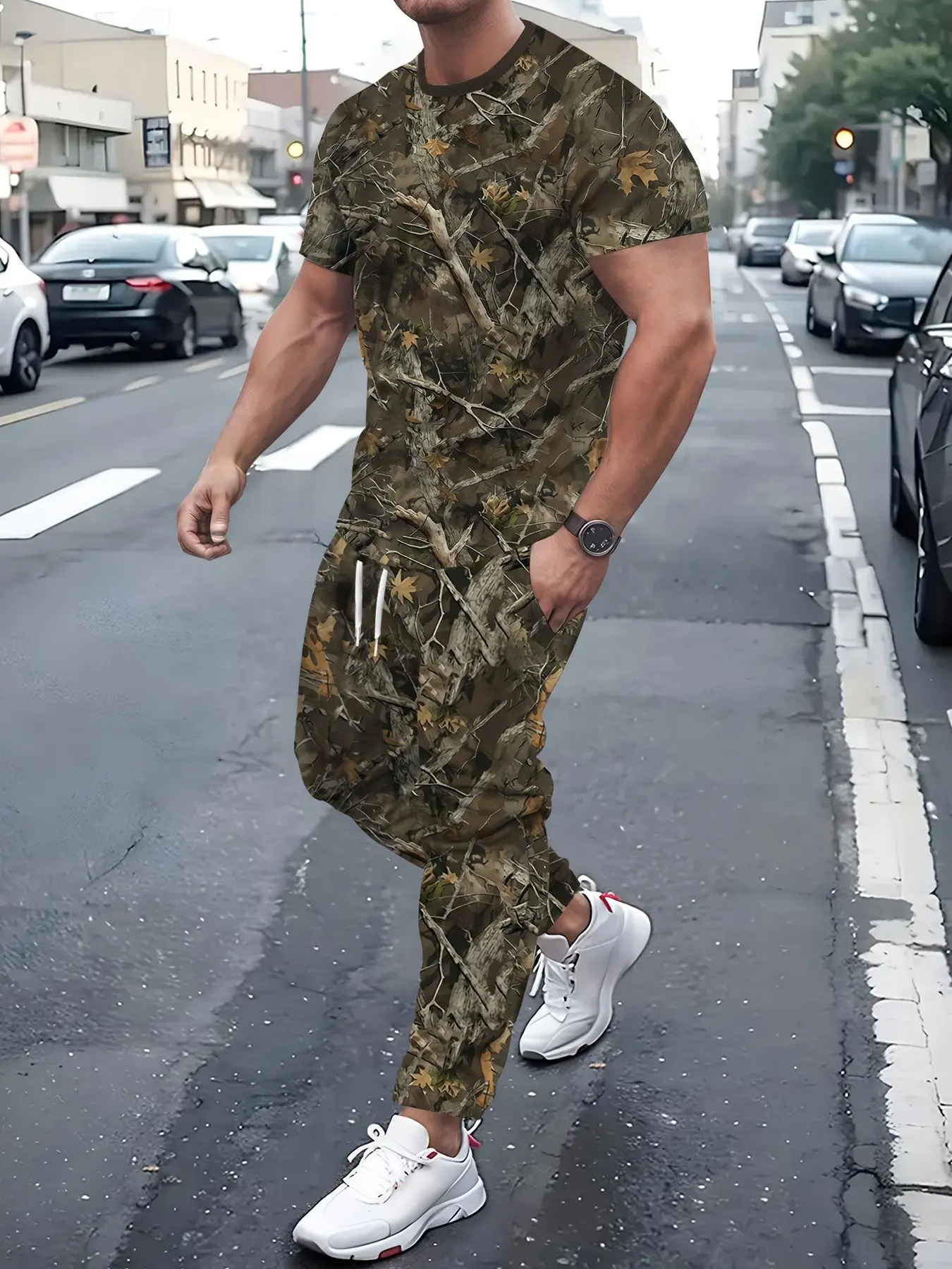 Men's Summer Outdoor Camouflage All-Over Print Round Neck Short Sleeve Set, Loose Fit Casual Sports, Two-Piece Set