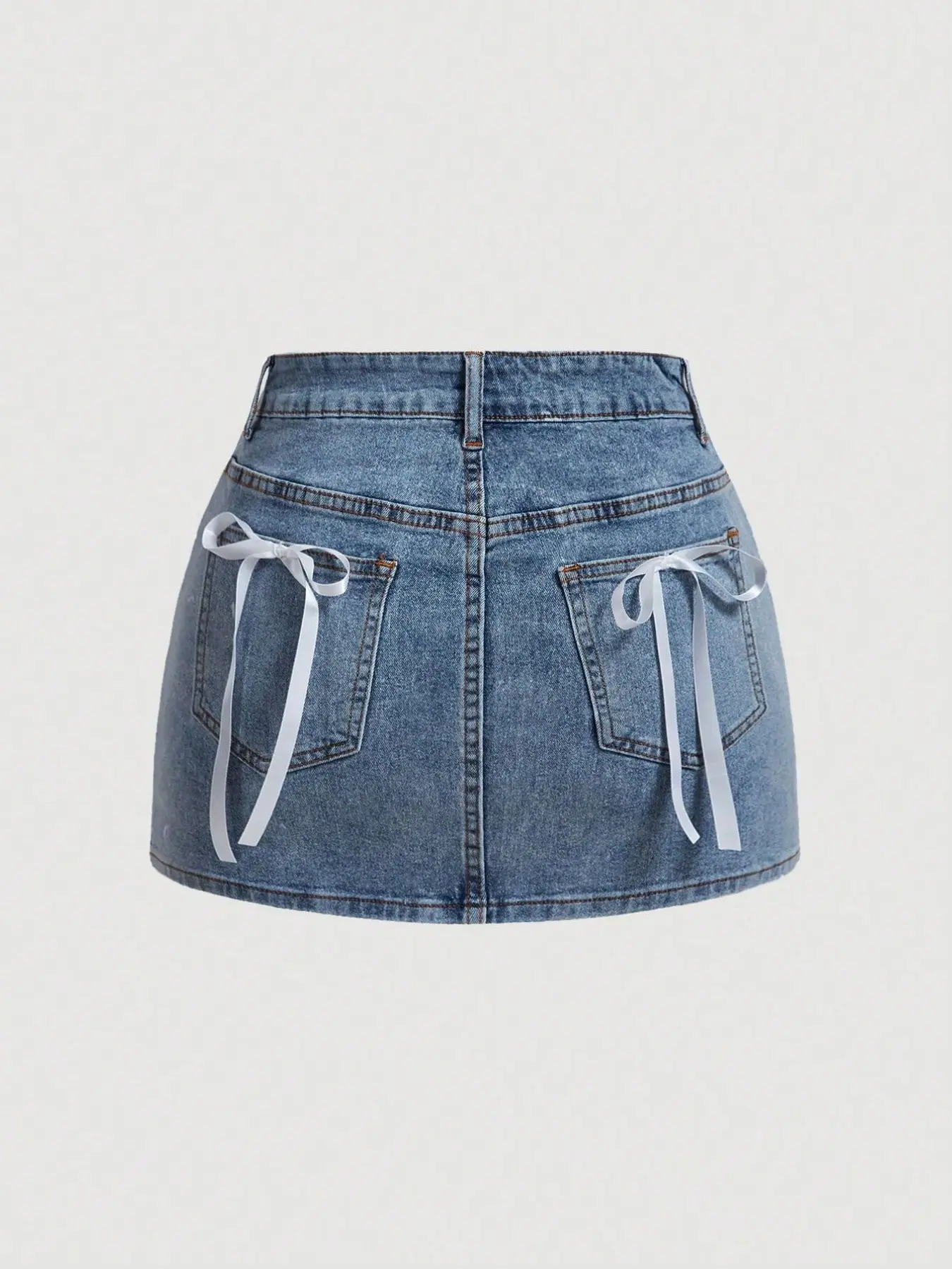 High-Waisted Denim Mini Skirt, Light Wash, Back Pocket Bow Design, A-Line Style, Trendy Half Skirt for Women, Fashionable Summer