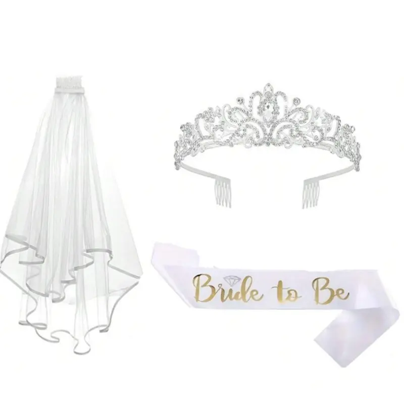 3 Pcs Bridal Shower Party Decor Kit, Including Bride Sash, Crystal Tiara Crown, Wedding Veil, Novelty Photo Booth Props, Elegant Memorable Fun Bachelorette Party Decorations, Perfect Bridal Shower Gift for Bride To Be