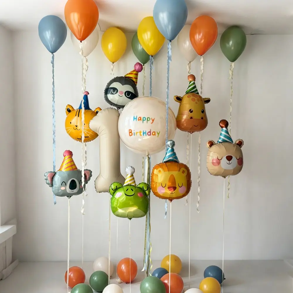 Birthday Hat Cartoon Animal Shape Aluminum Foil Balloons, Milk Number Balloons, Cat Lion Monkey Bear, Party Decorations
