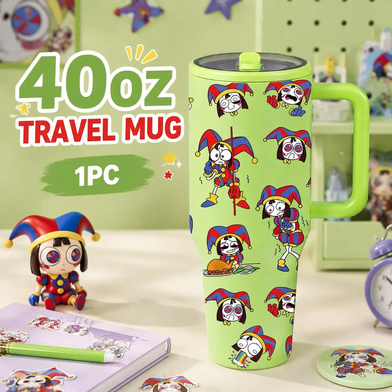1 Pc 40oz The Amazing Digital Circus Colorful Cartoon Insulated Tumbler with Handle, Double Wall Vacuum Travel Mug, Cute Character Design Coffee Cup, Perfect for Office, School, Travel, Daily Use, Birthday, Christmas & Holiday Gifts
