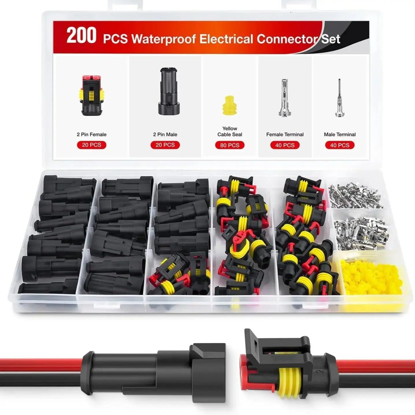 Nilight 200PCS 2 Pin Electrical Connector ‎Plug Male Female Terminal Wire Connector