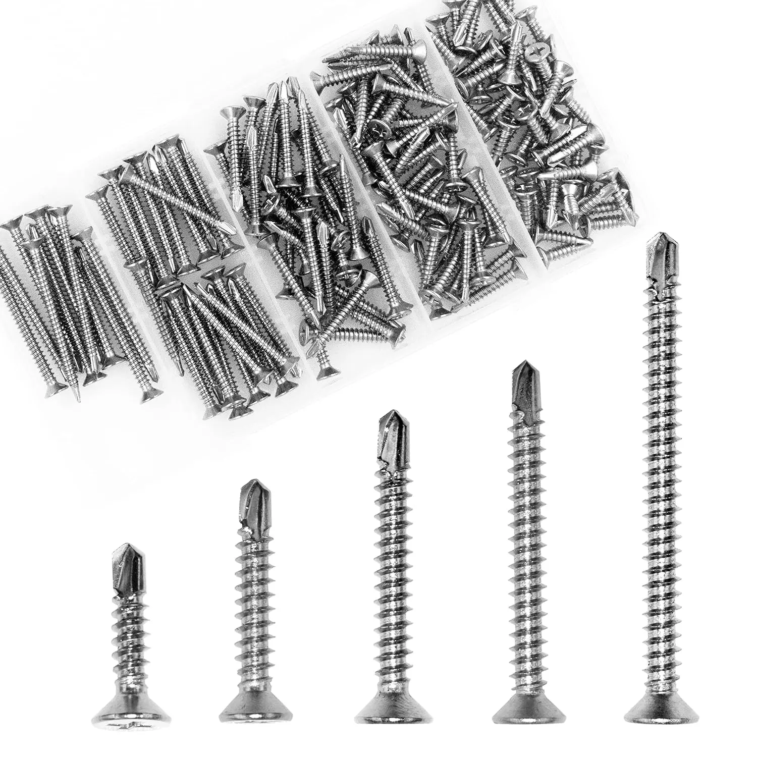 410 Stainless Steel Multi-Size Metal/Drywall Self-Drilling Screws Kit (150pcs) - Self-Tapping Fasteners for Wood/Metal Fixing, 5 Inches Sizes (3/4,1,1-1/4,1-1/2,2) for DIY Users
