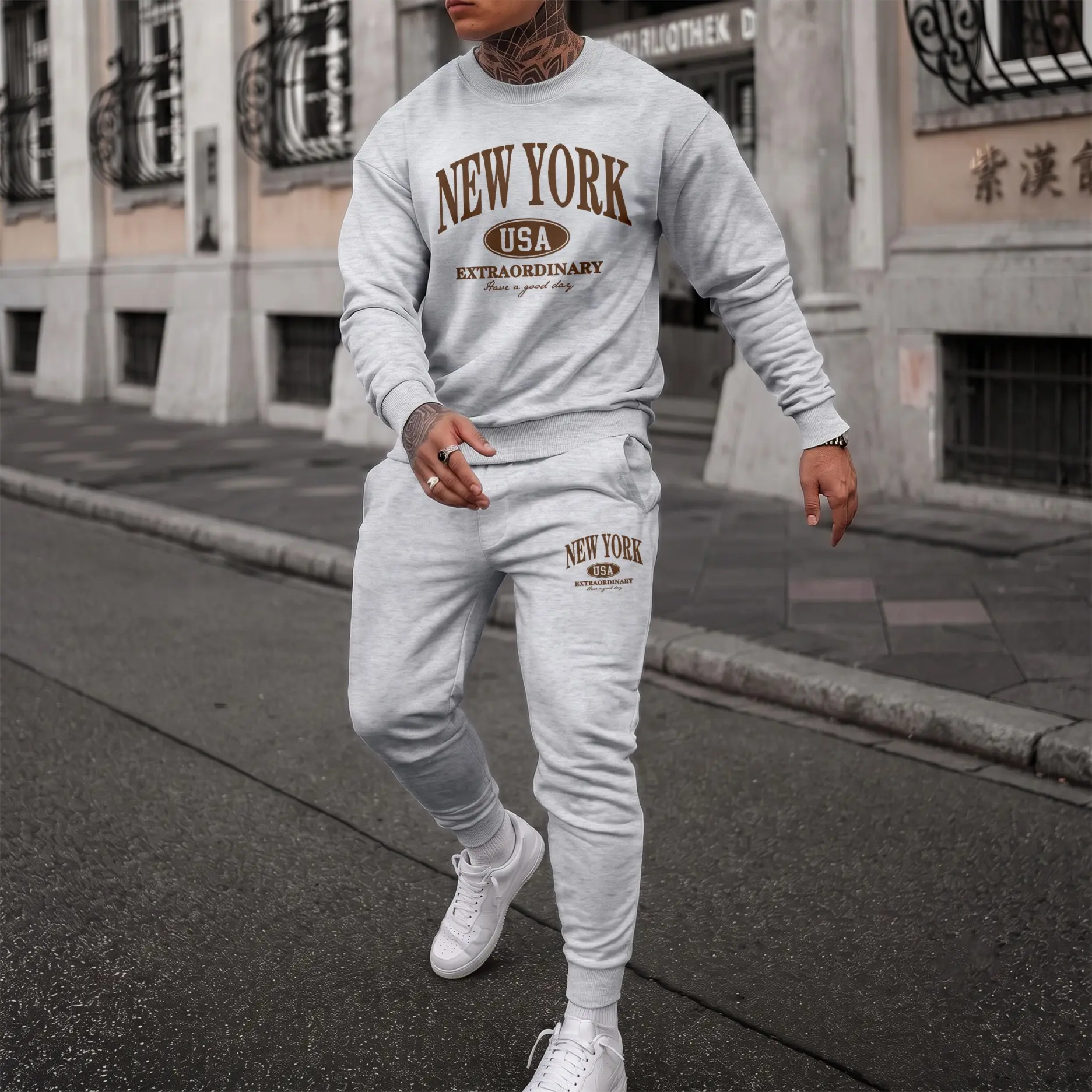 Men's New York Graphic Tracksuit Set, Casual Long Sleeve Crewneck Sweatshirt with Drawstring Jogger Sweatpants, Soft Fall Winter Outfit for Daily Wear, Workout, Travel, Indoor Outdoor and Athleisure