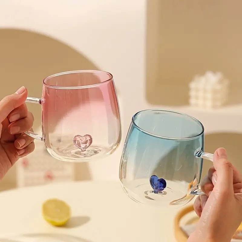 2 Piece Heart Gradient Glass Cups, 11.83 Oz Heat Resistant, Handle Decorative Coffee Juice Glasses, Perfect for Valentine's Day or Birthday Gifts
