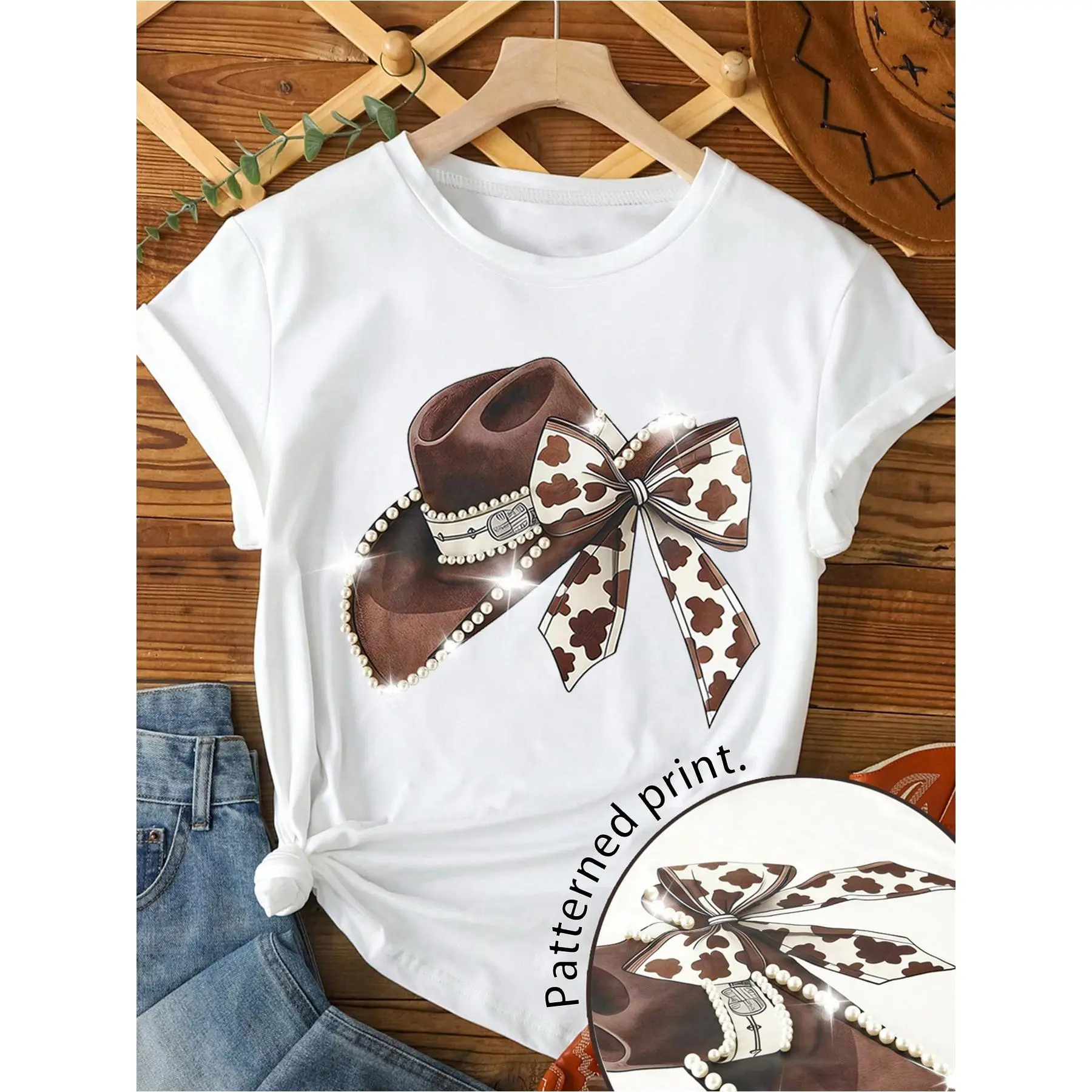Circle Pattern Design - 2026 Women's Fashion Spring/Summer New Collection, Western Style, Cowboy Hat Print Round Neck Short Sleeve, Loose Casual Top, Versatile T-Shirt for Daily Commuting and Dating, Street Style Daily Outfit