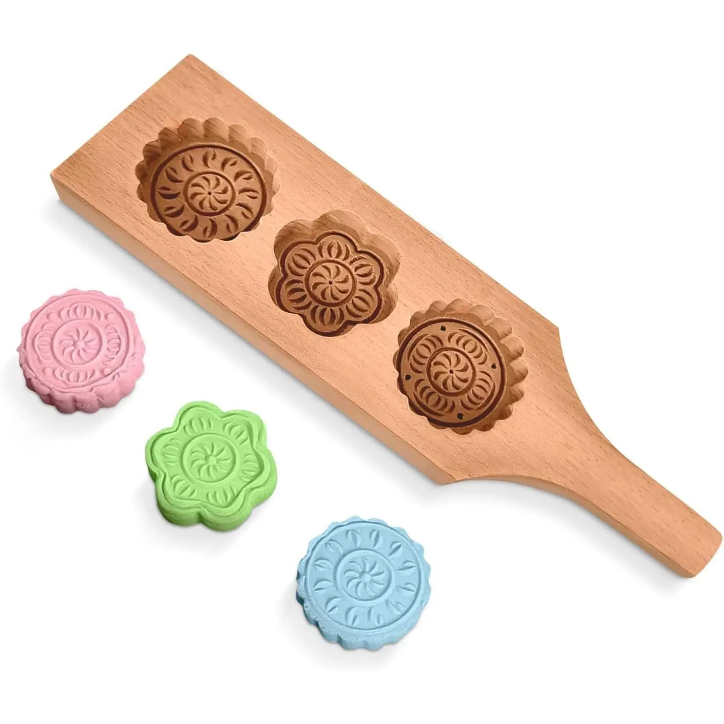 Wooden Cookie Molds for Baking, 11.8 In Mooncake & Maamoul Mold | Mooncake Mold for Maamoul, Filled Pastries, Date Cookies, Shortbread & Biscuits; Hand-Carved Pear ; 3 Flower Cavities