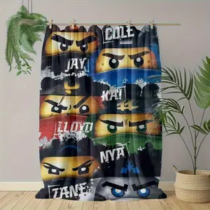 Ninja-Themed Fleece Blanket Featuring Blocks - Soft, Cozy, Suitable for All Seasons, with Fun Character Designs (Luce, Jay, Kai, Zane, Nya), an Ideal Gift for Fans And Perfect for Birthdays Or Friends, with a Playful Design And Comfortable Texture.