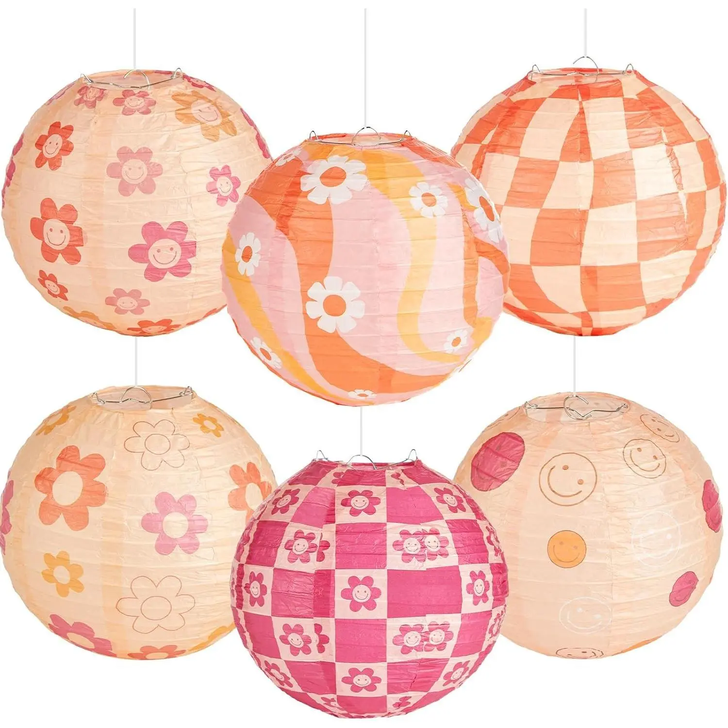 6 PCS Groovy Boho Hanging Paper Lanterns Boho Retro Party Decorations, Hippie Ceiling Hanging Decorations for Classroom, Wedding Baby Shower Birthday Party Home Back to School Decor