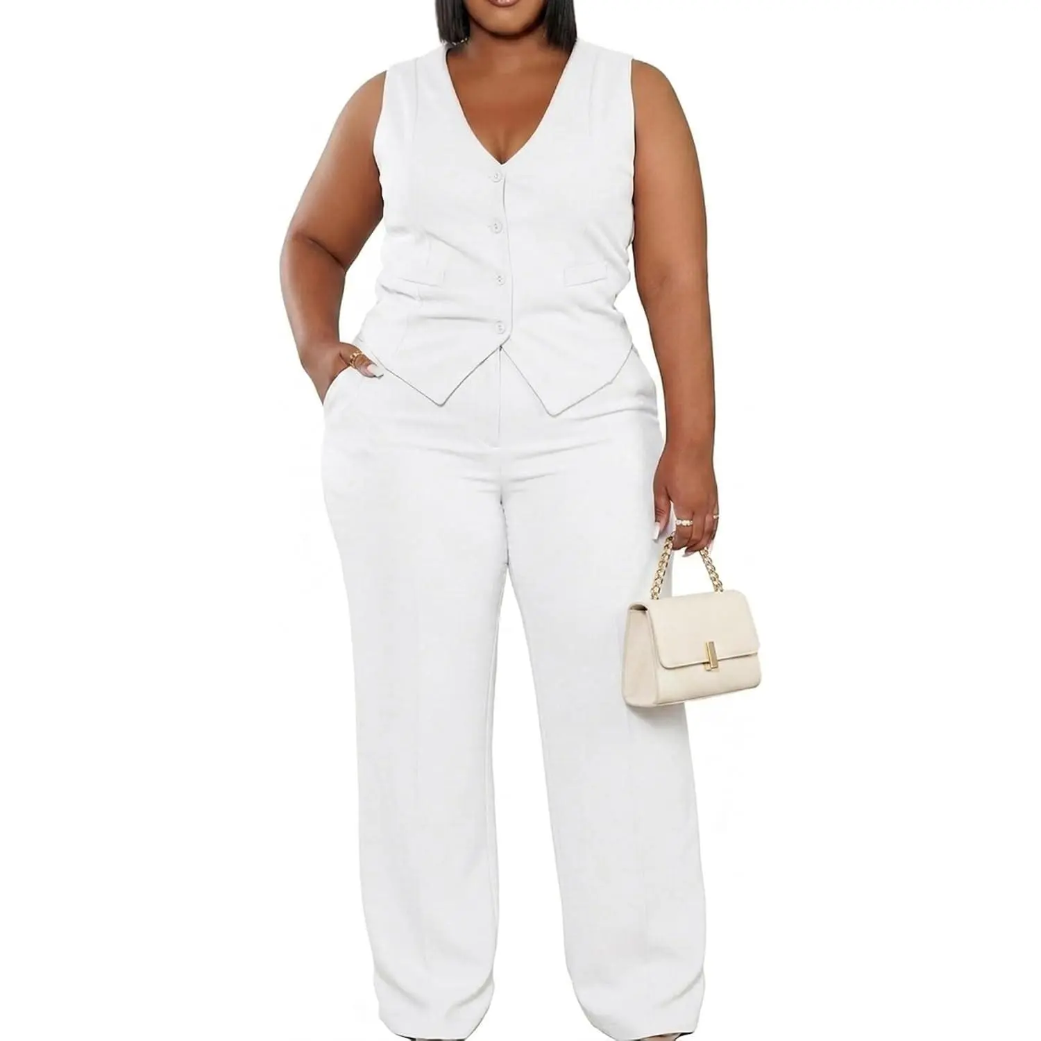 Women Plus Size 2 Piece Pant Suits Vest Wide Leg Pants Outfits Sets | Button, Business Casual Pantsuits, Blazer Vest, Pockets,Work, Office, Matching Set, Wedding Guest, High Waisted