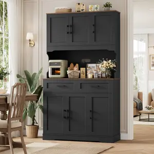74" Tall Kitchen Pantry Cabinet with Hutch, Kitchen Storage Cabinet with Microwave Stand and Drawers, Farmhouse Food Pantry Cabinet for Living Room, Dining Room