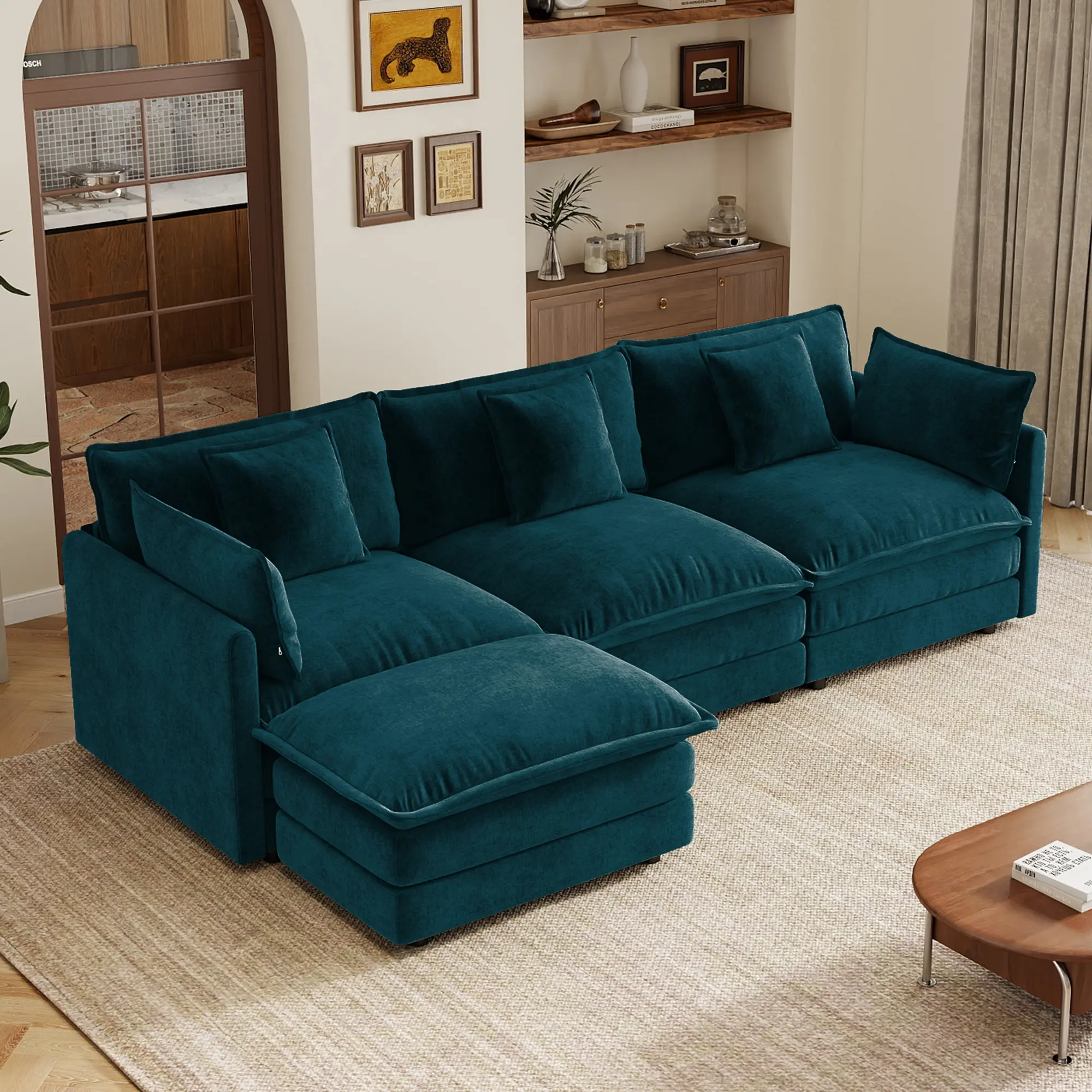 ARCH Oversize 3-Seater L-Shaped Sectional Sofa with Ottoman for Living Room, Blue Chenille Couch with Pillows, Modular Comfy Sofa Set for Family Room, Home Theater Seating, 3 Seat Sofa with Ottoman, Blue Color Options, Chenille Material