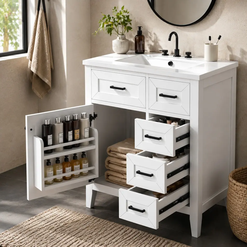 30" White Bathroom Vanity Desk with Sink Combo - Solid Rubber Wood & MDF Board Bathroom Cabinet, Drawer-Equipped, Freestanding