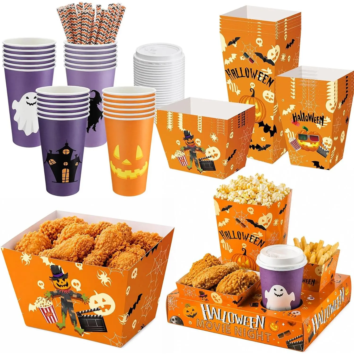 172 count/ 24 Sets of Summer Halloween Movie Night Snack Trays 3 Sizes Pumpkin Popcorn Snack Boxes, 16 oz Disposable Drinks Cups, 50 Straws, Complimentary Sealing Stickers for Cinema Party Decor