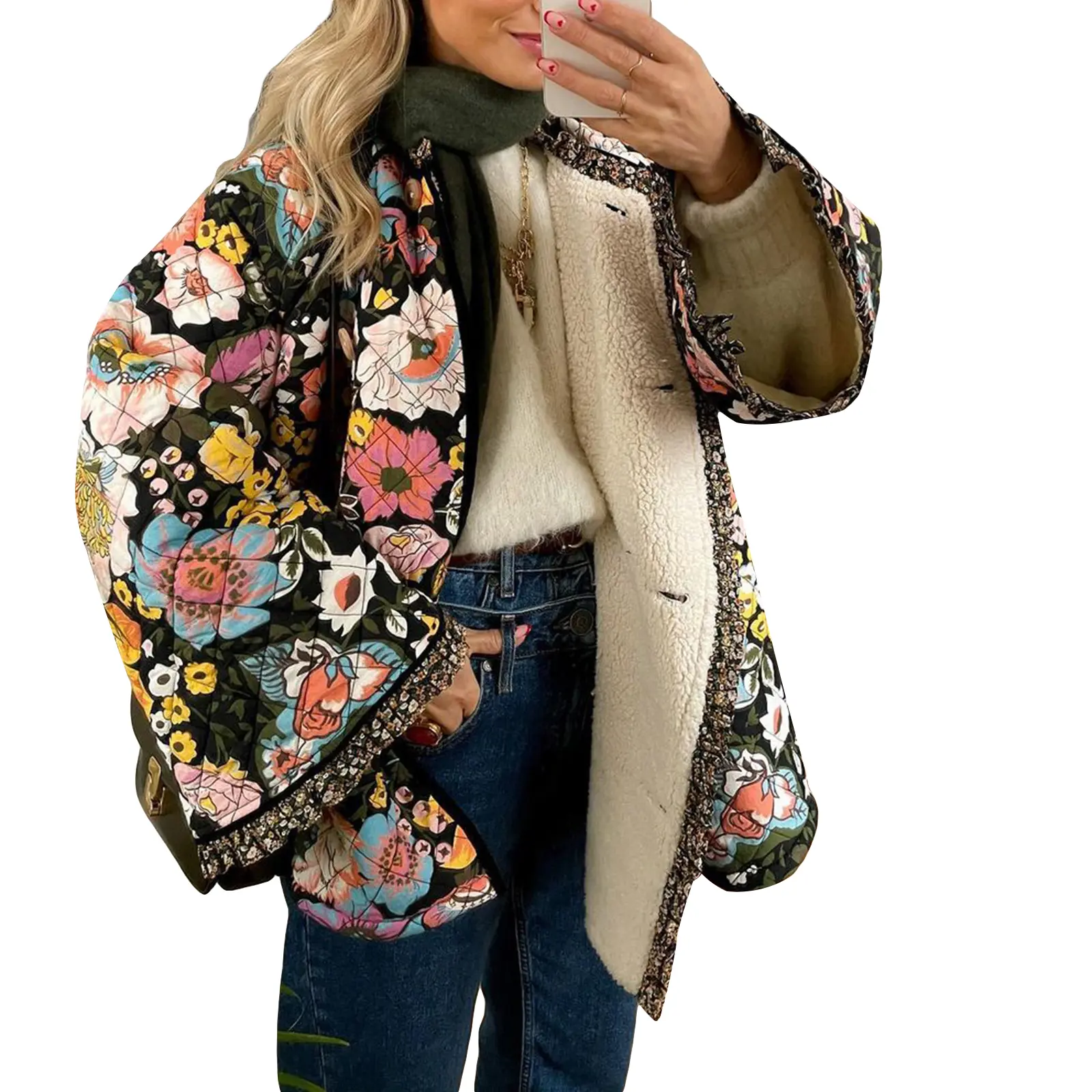 Women Winter Loose Quilted Jacket Floral Print Button Down Long Sleeve Padded Coat Warm Outwear