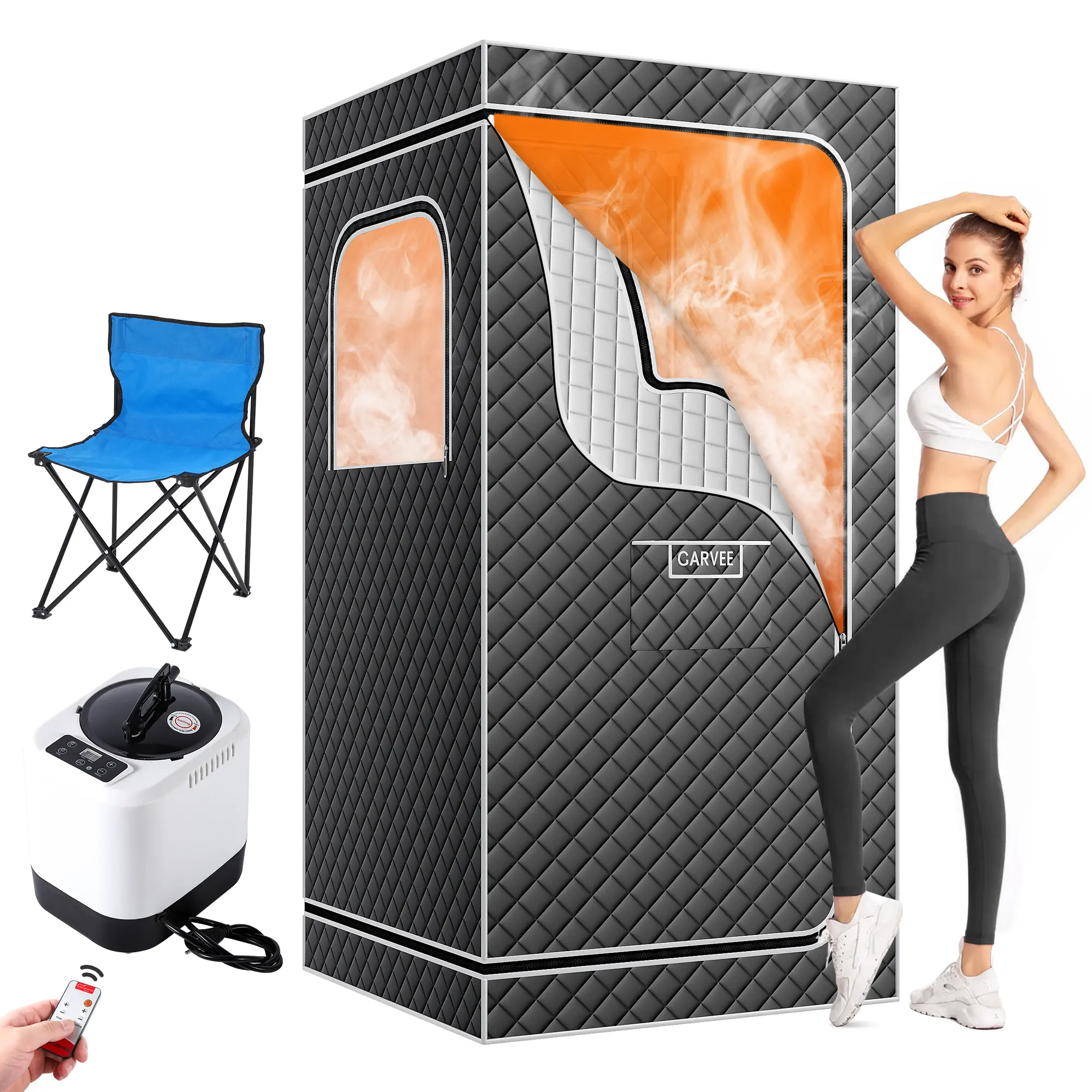 Garvee Foldable Portable Steam Sauna Tent for Home Indoor Spa, Zippered Explosion-Proof Roof, 99 Mins Timer, 4L 1500W Power Steamer, 600D Encrypted Fibre Fabric (Grey)