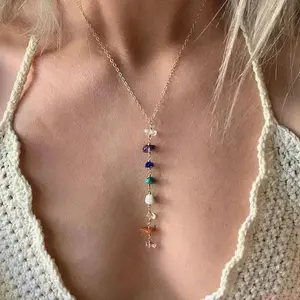 Metal Plated Gold Handmade Colorful Crystal Gravel Pendant Necklace, Niche Design Indoor Recreation Jewelry Gift for Girl, Children