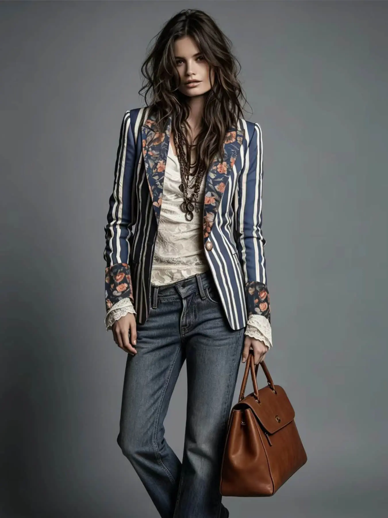 A fashionable women's French retro floral lapel, waist cinching, contrasting striped suit style casual suit jacket, Button Blazer, suitable for summer, city travel, cocktail parties, art exhibitions and viewing
