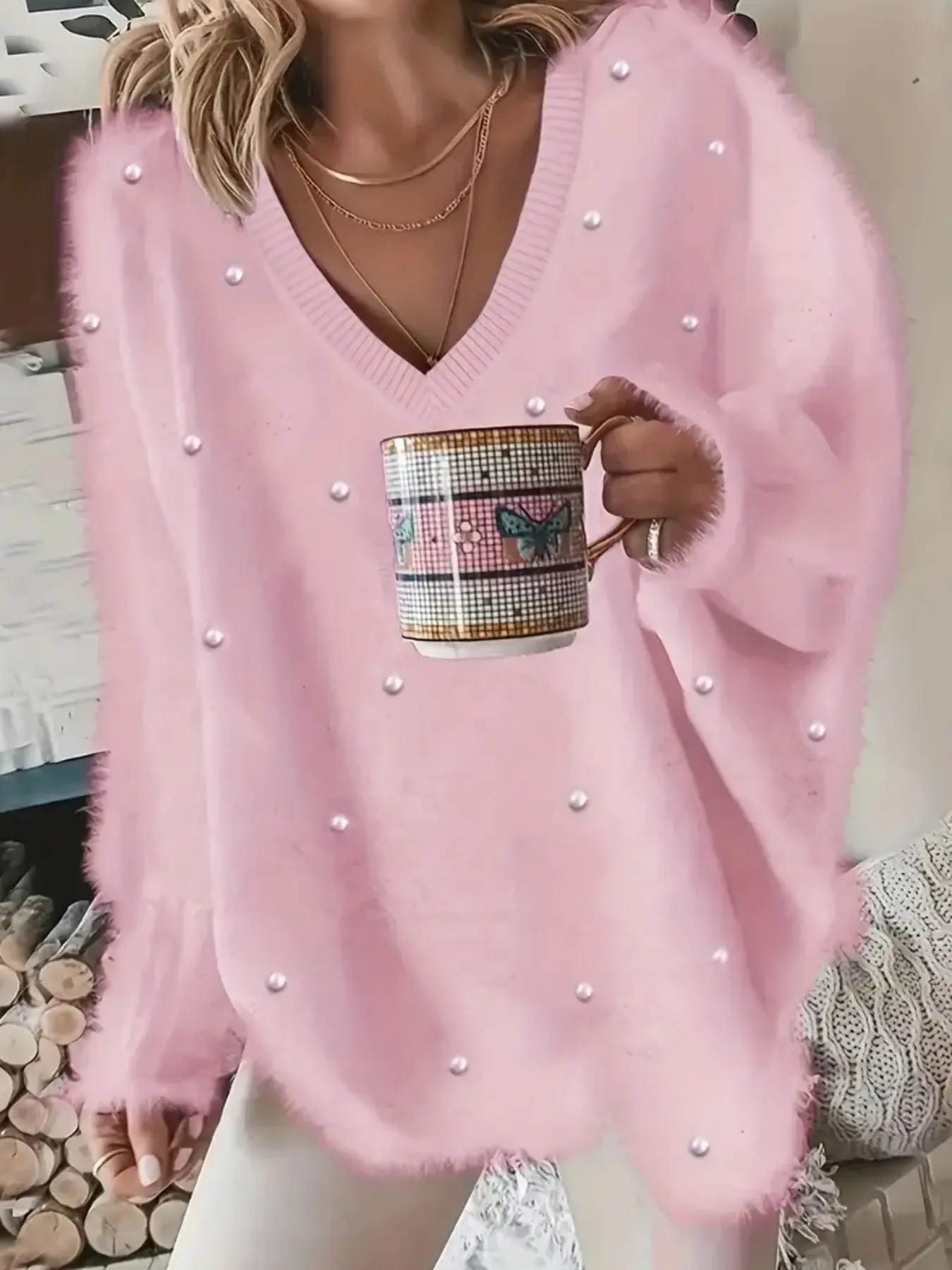 Plus Size Solid Color Casual V-Neck Beaded Long Sleeve Pullover Sweater for Women, Comfortable and Stylish Knitwear for Daily Wear
