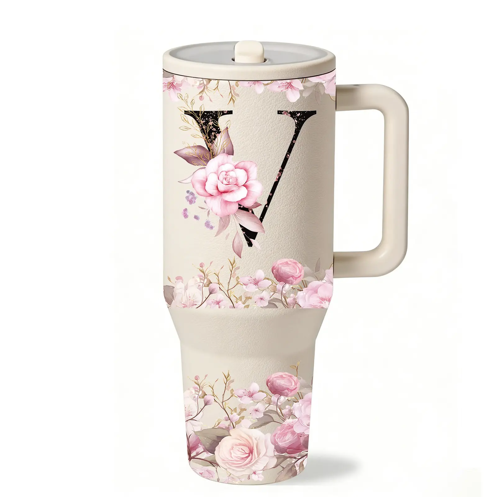 1 Pc 40oz Personalized Letter V Insulated Tumbler with Handle and Lid, Drinkware, Custom Name Stainless Steel Vacuum Cup, Monogram Travel Mug for Iced Coffee and Water, Keeps Hot 12H Cold 24H, Gift for Women Mom, Drinkware Vacuum Flask
