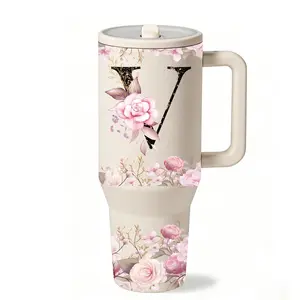 1 Pc 40oz Personalized Letter V Insulated Tumbler with Handle and Lid, Drinkware, Custom Name Stainless Steel Vacuum Cup, Monogram Travel Mug for Iced Coffee and Water, Keeps Hot 12H Cold 24H, Gift for Women Mom, Drinkware Vacuum Flask