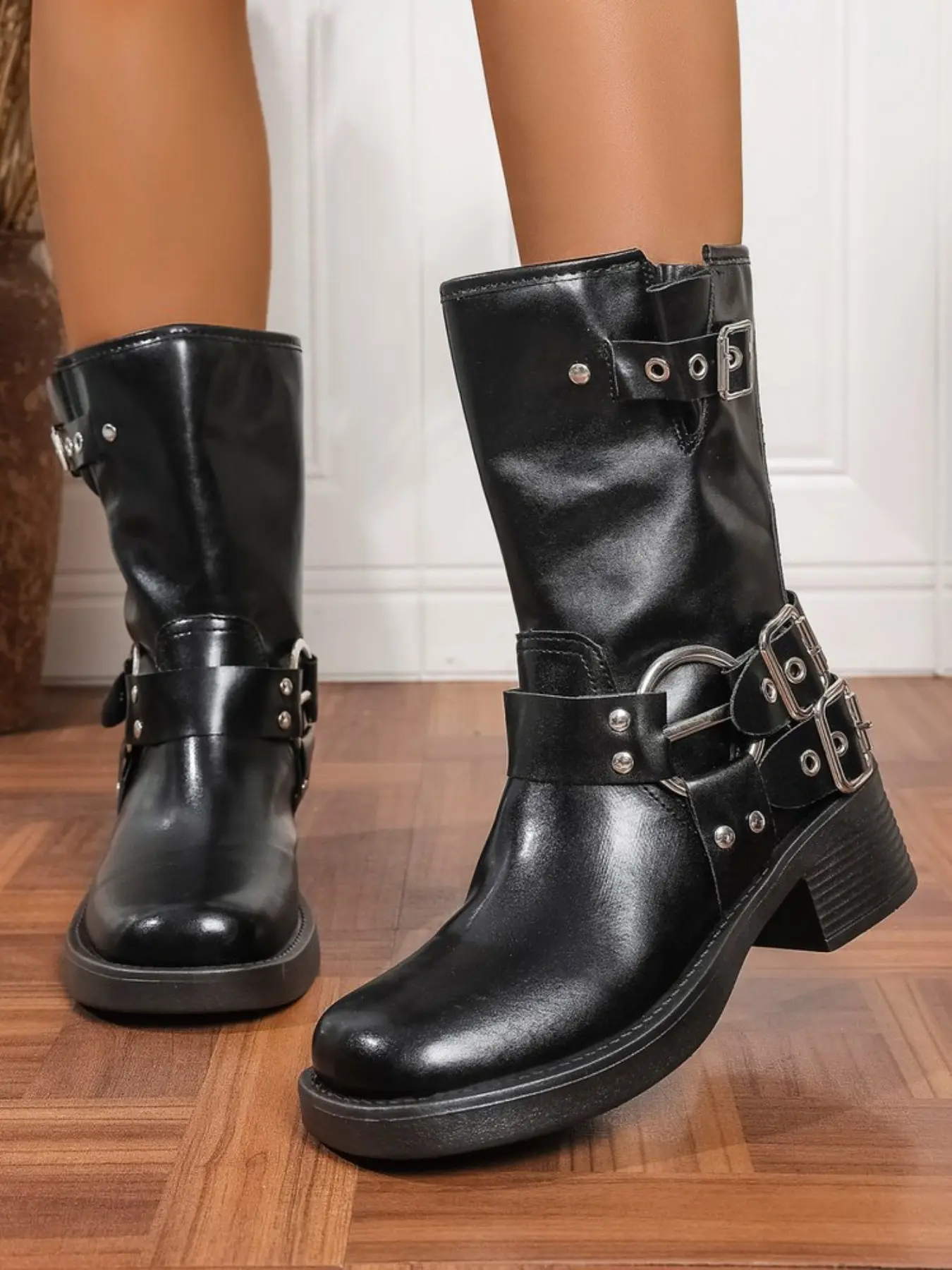 Vintage Multi-Metal Buckle Mid-Calf Motorcycle Boots for Women, Round Toe Thick Heel Rivet Western Knight Boots, Thick Sole Above Ankle, Western Fashion Boots