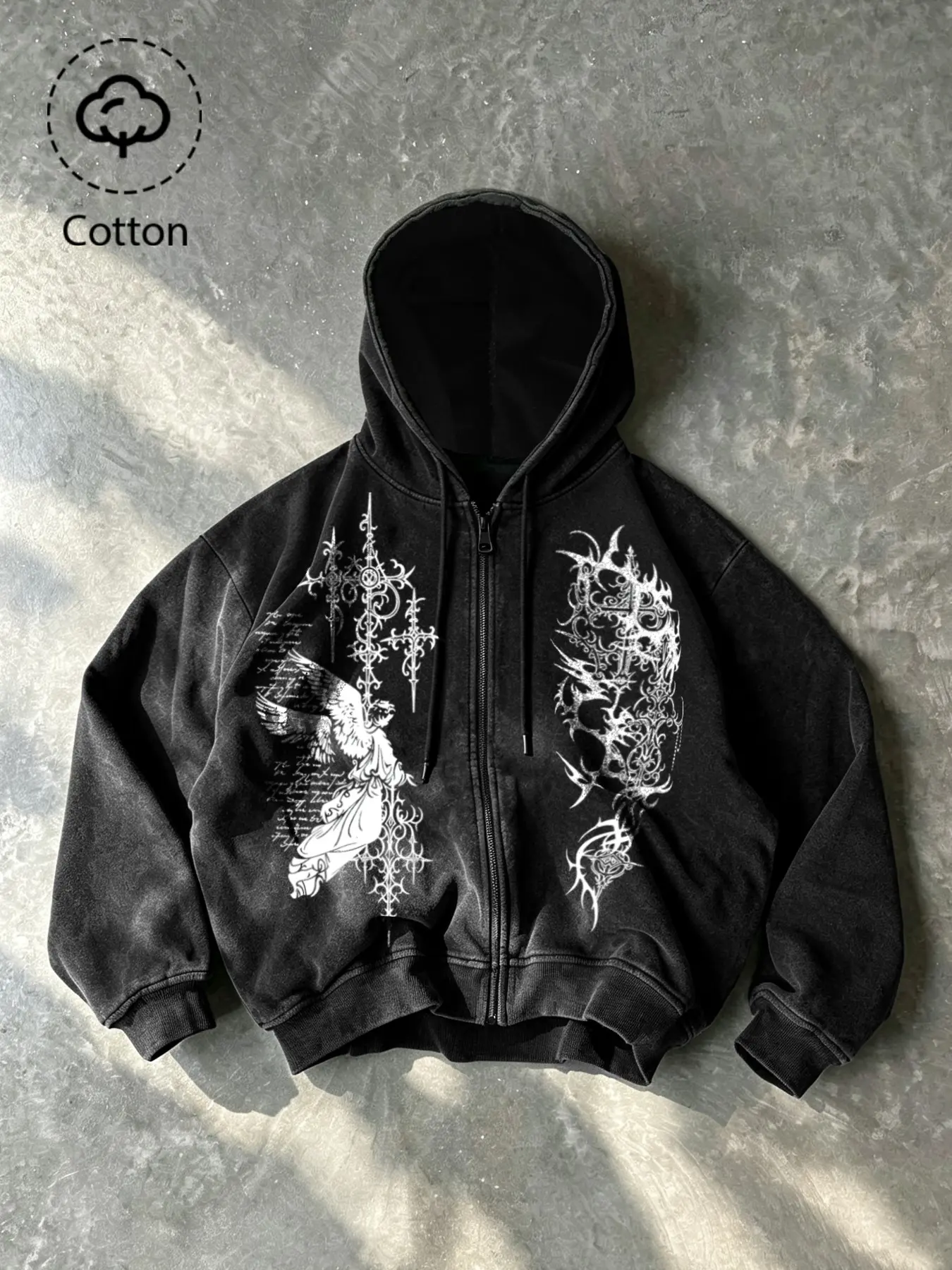 Men's Fall Winter Washed Cotton Hoodie, Gothic Angel Cross Print, Loose Fit, Long Sleeve, Streetwear, Punk Hip Hop Style, Casual