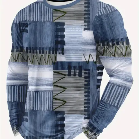 Men's Round Neck Long Sleeve T-Shirt, Vintage Knit Fabric, Color Block Stripes, Full Print, Casual Streetwear, All Seasons, Knitwear