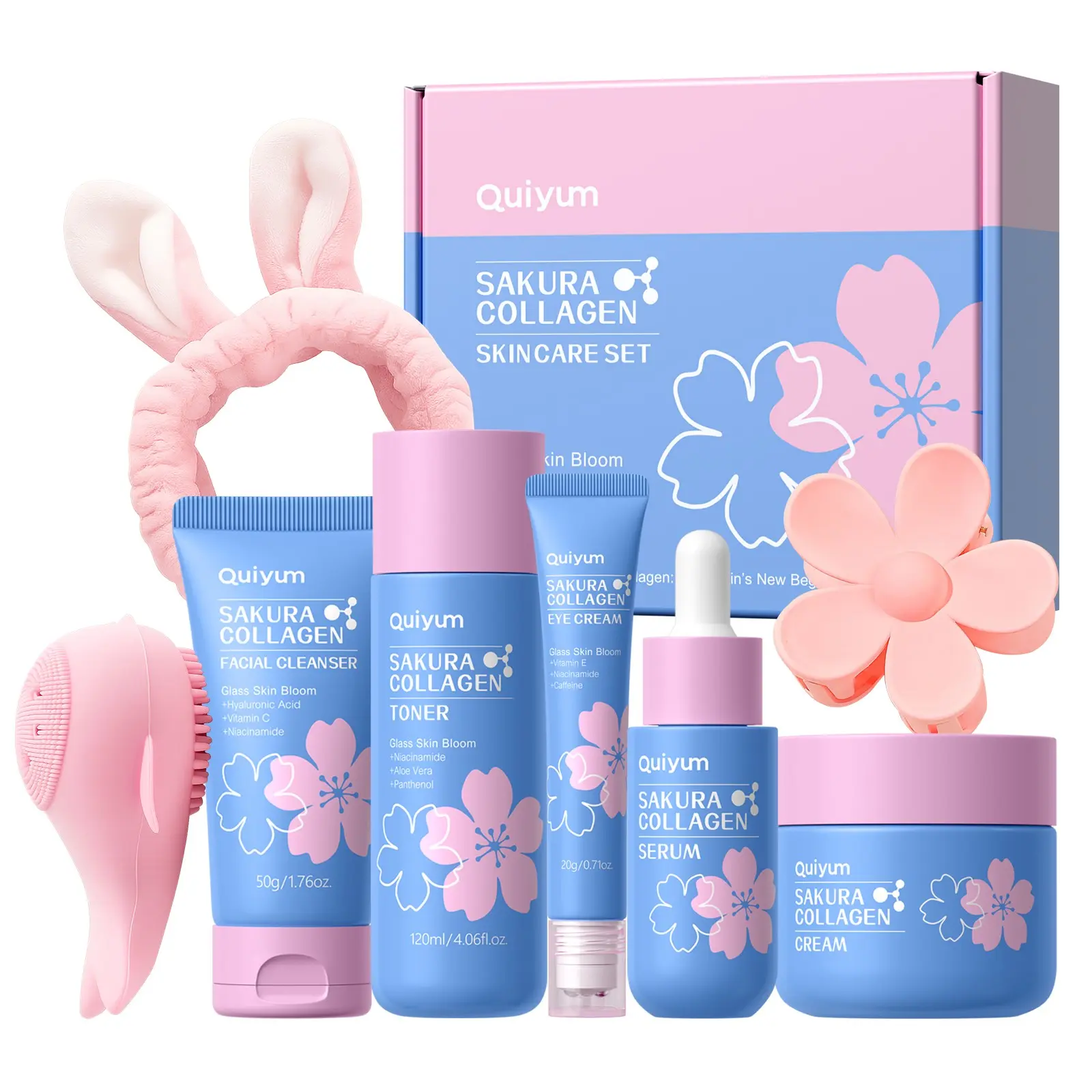 QUIYUM Sakura Collagen Skincare Set - Face Care Kit, 8-Piece Glass Skin Routine with Cleanser, Toner, Serum, Eye Cream, Moisturizer | Moisturizing, Hydration, Firm, Glow for All Skin Types, Skin Care Gift Sets
