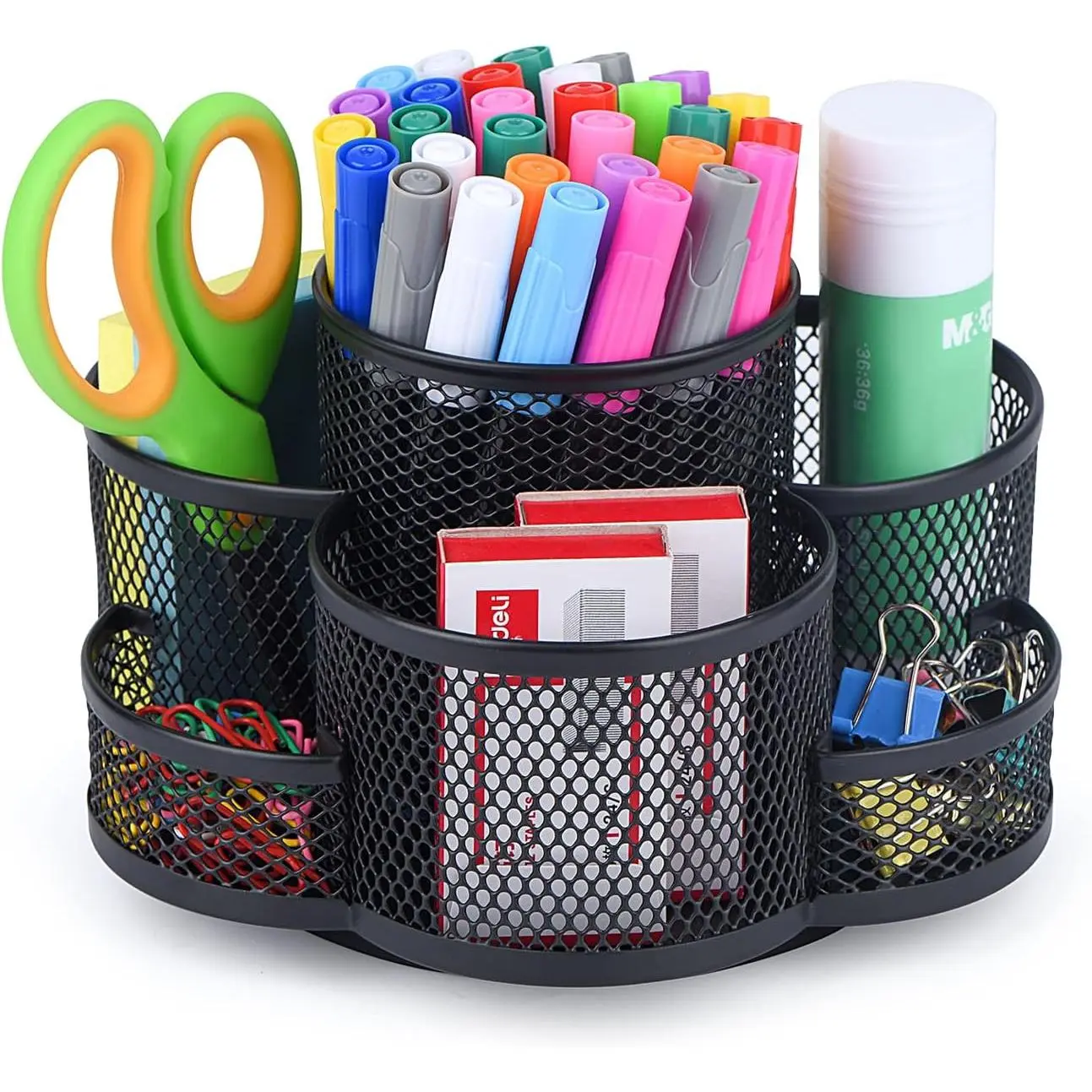 Black 360° Rotating Mesh Multi-Compartment Pencil Pen Holder, Office Desk Organizer That Organizes Desk, Office Stationery Accessory, Rotates 360°