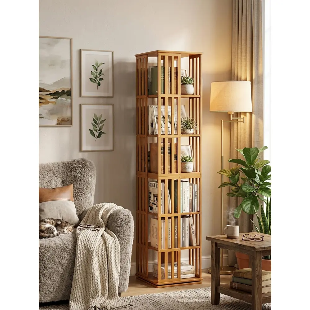 Littleox 6-Tier Bamboo Rotating Bookshelf Tower with Sturdy Base, 360° Spinning Display Floor Standing Narrow Wood Storage Rack Organizer for Kids (Brown)