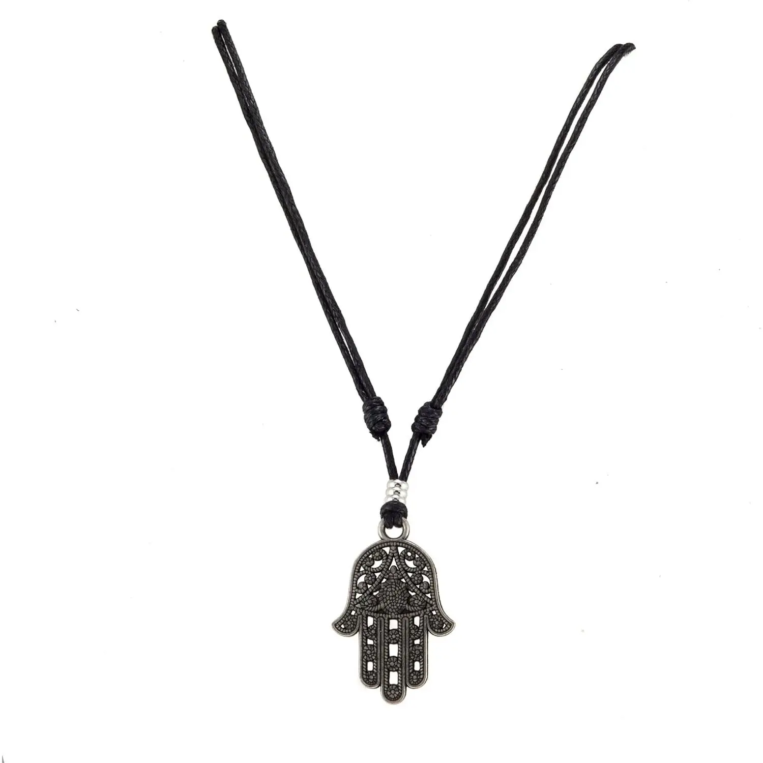 Hamsa Hand Pendant Necklace, Old Silver Finish Hand Symbol on Adjustable Black Waxed Cotton Cord, Customizable Length for Women, One-Piece