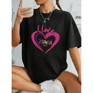 Women's "I Love Zumba" Printed Short-Sleeve T-Shirt - Loose Fit Casual Sports Top, Breathable Fabric, Suitable for Gym, Daily Wear and Outdoor Activities, Machine Washable