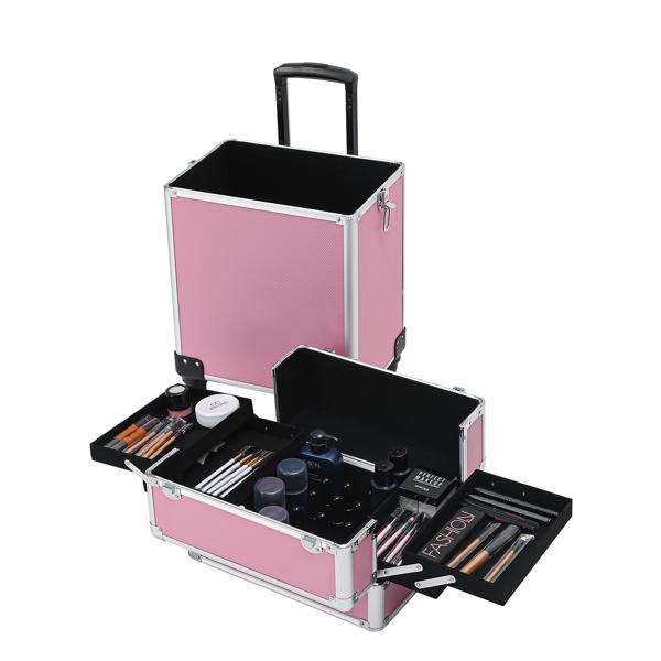 4 In 1 Aluminum Makeup Case Pink, Professional Cosmetic Storage Box for Makeup Tools Brushes and Accessories, Portable Beauty Organizer for Travel and Home Use