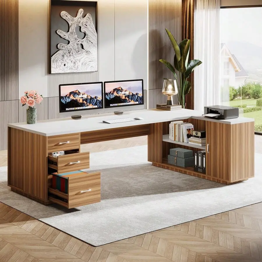 85.8-Inch Extra Large Executive Desk, L-Shaped Modern Office Desk With File Drawers, Door Cabinet & Shelves, Commercial Office Table, Home Business Workstation, White & Brown