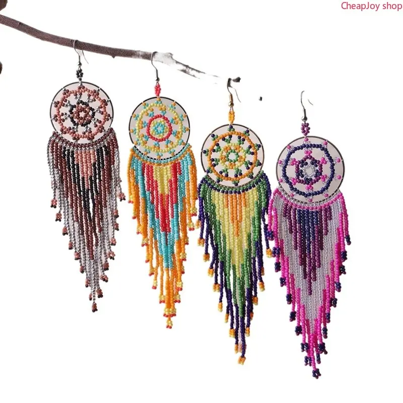 Handmade Dreamcatcher Earrings, bohemian round disc earrings with colorful tassels and seed beads, chic woven dangle jewelry, lightweight stylish ornaments for daily wear, festivals and boho outfit matching