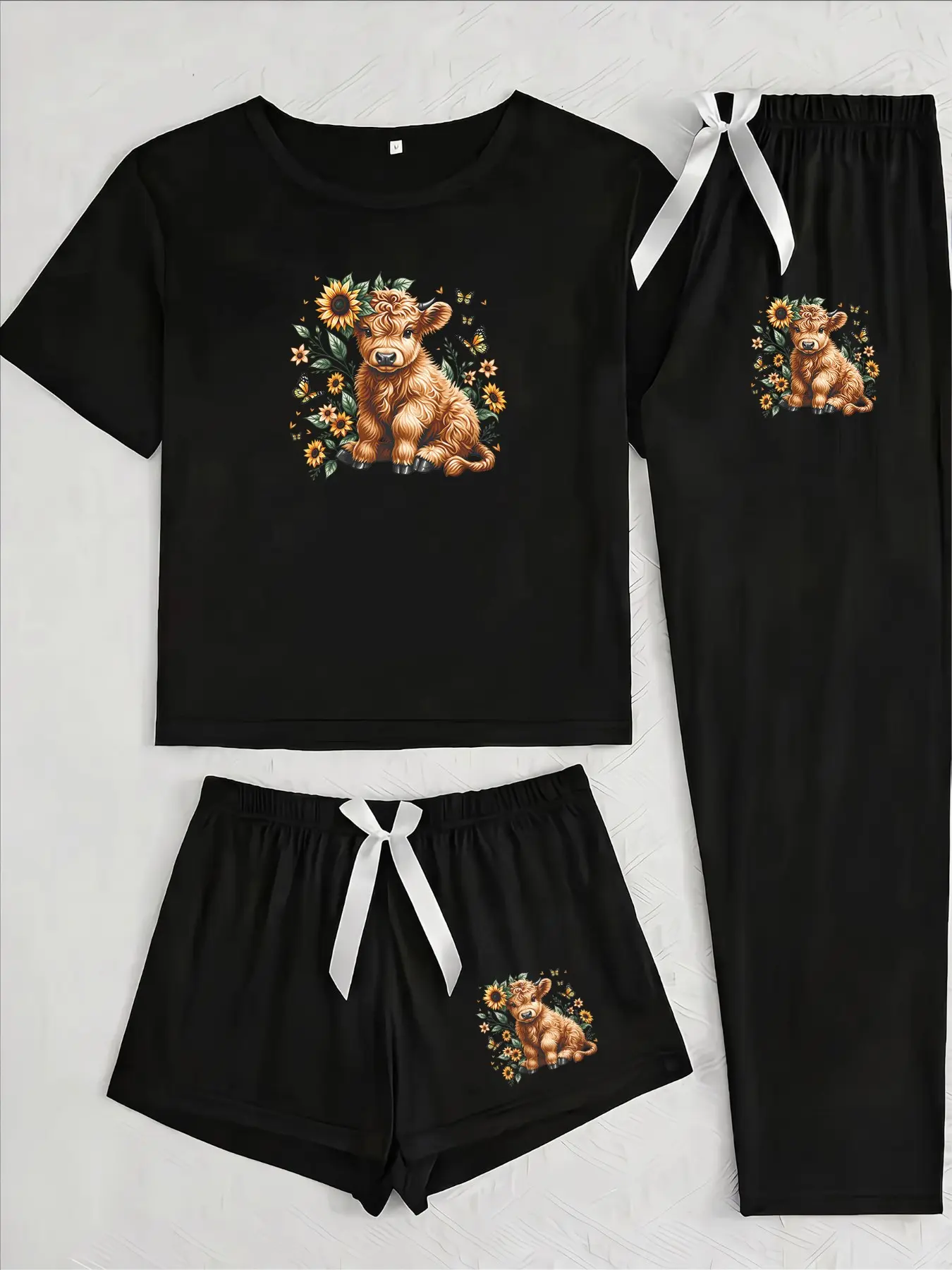 Three-Piece Pajama Set for Women, Cartoon Floral Cow Print, Loose-Fitting Casual Sleepwear, All-Season Comfortable Nightwear, Floral Pajama Sets
