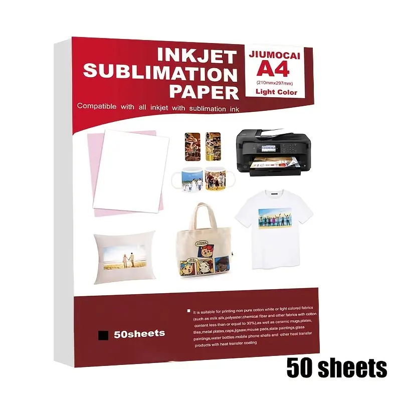 50 sheets of A4 sublimation transfer paper. Suitable for Epson HP Canon Sawgrass inkjet printer, Fabric