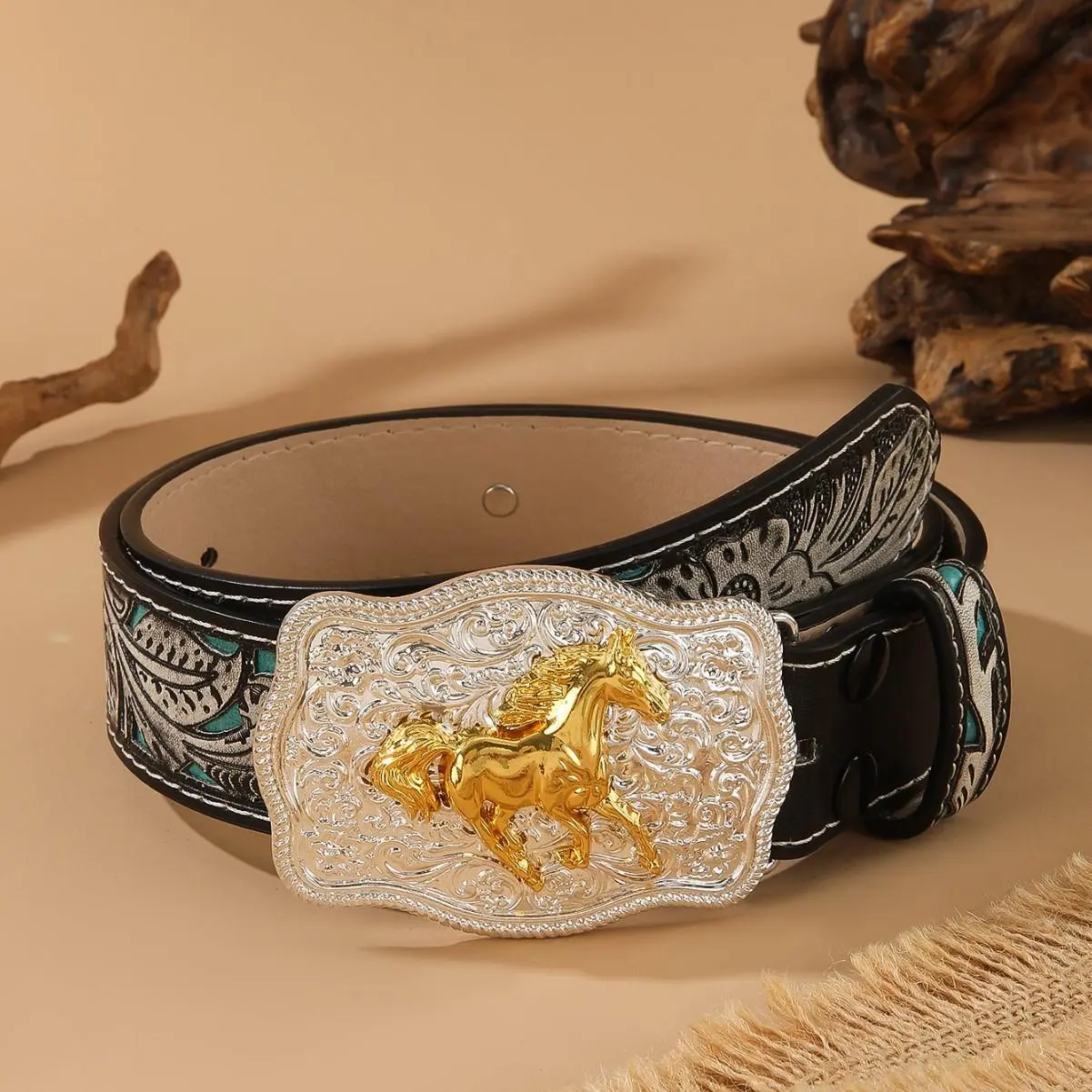 Men Women Ornate Southwestern Belts, Horse Head & Running Horse Centerpieces, Turquoise Trim Floral Embossed Leather, Multiple Designs for Country Concerts & Everyday Use