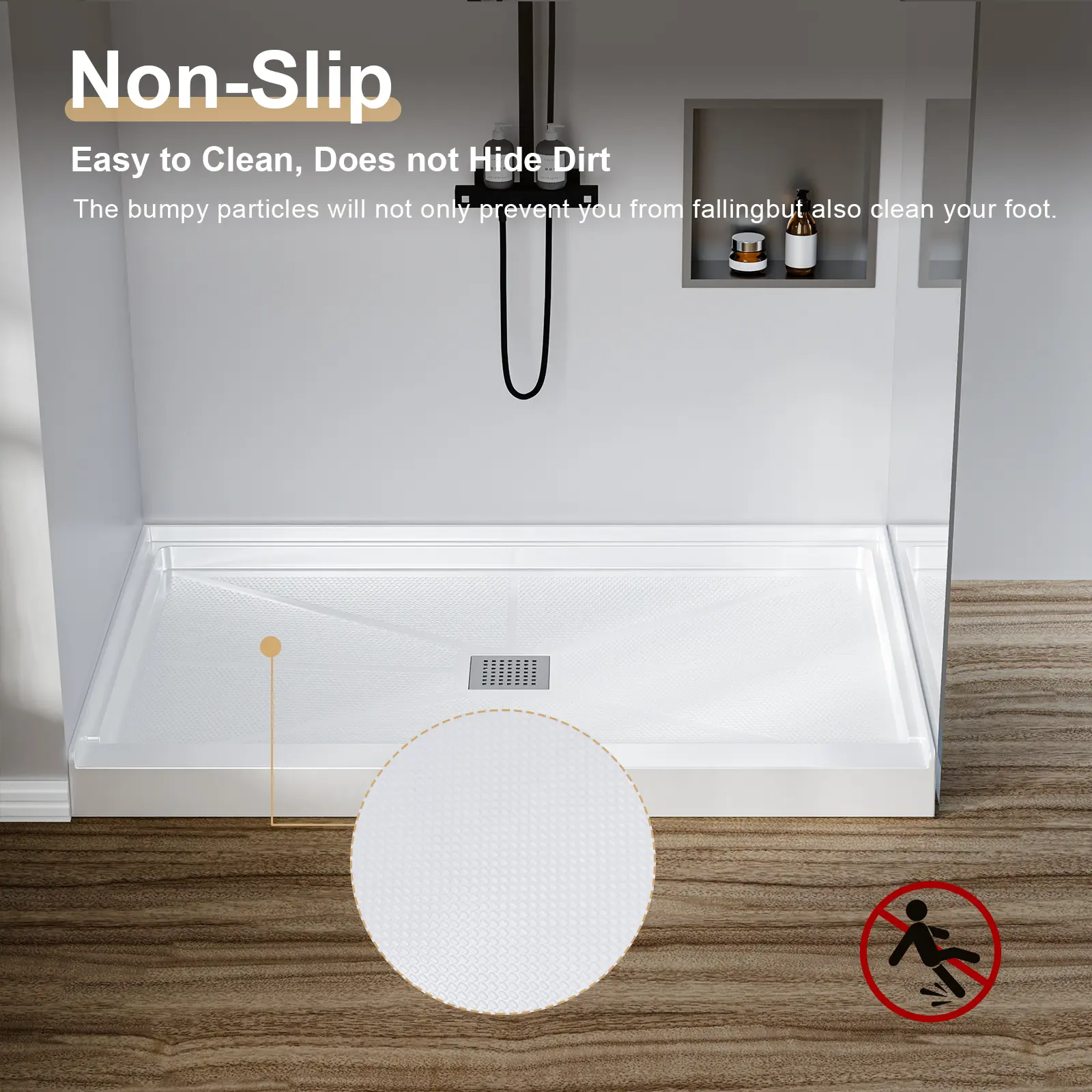 Non-Slip Shower Base Kit– Standard Shower Mixer Bathroom Pan, Left Drain, Single Threshold, 304 Stainless Steel Square Drain Cover, 3-Sided Water Barrier