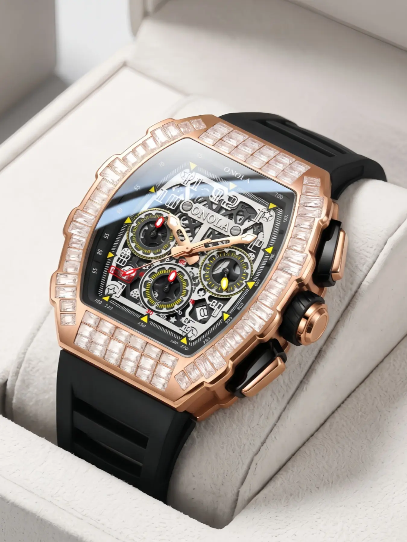 Onola Men's Mechanical Watch Men Chronograph Watch Tonneau Skeleton Automatic Mechanical Wrist Watch Male Business Watch Luxury Fashion Trendy  Multi-functional Watchmulti-functional Watch