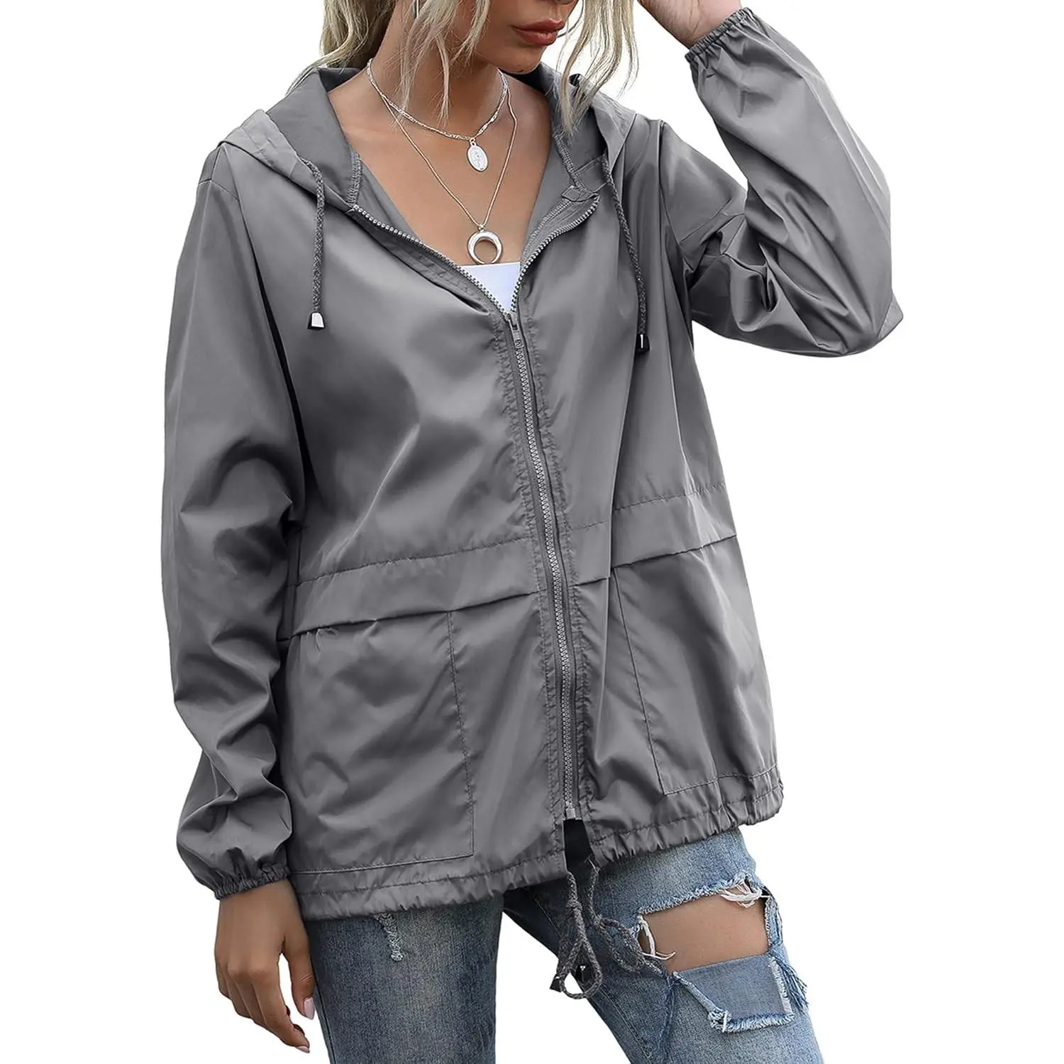 Women's Raincoats Lightweight Waterproof Windproof Adjustable Windbreaker Rain Jackets Hooded with Pockets S-XXL