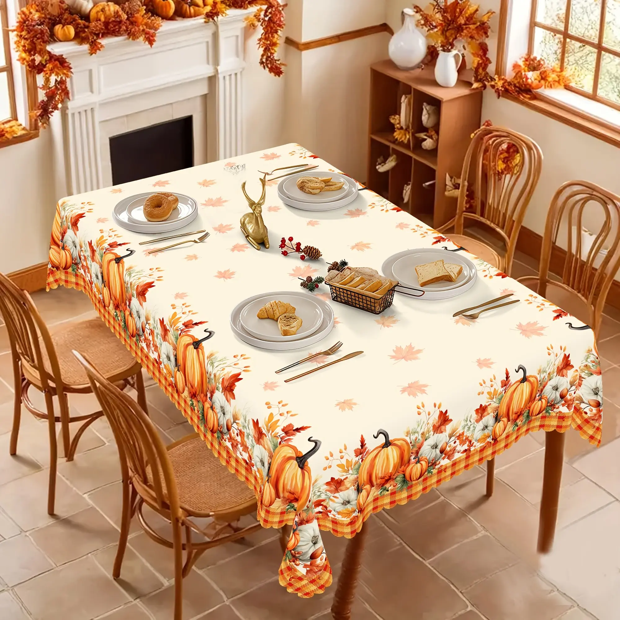 Pumpkin Maple Leaf Autumn Tablecloth, Thanksgiving Harvest Party Farmhouse Restaurant, Indoor Outdoor Rectangular Tablecloth, Seasonal Home Decor Gift