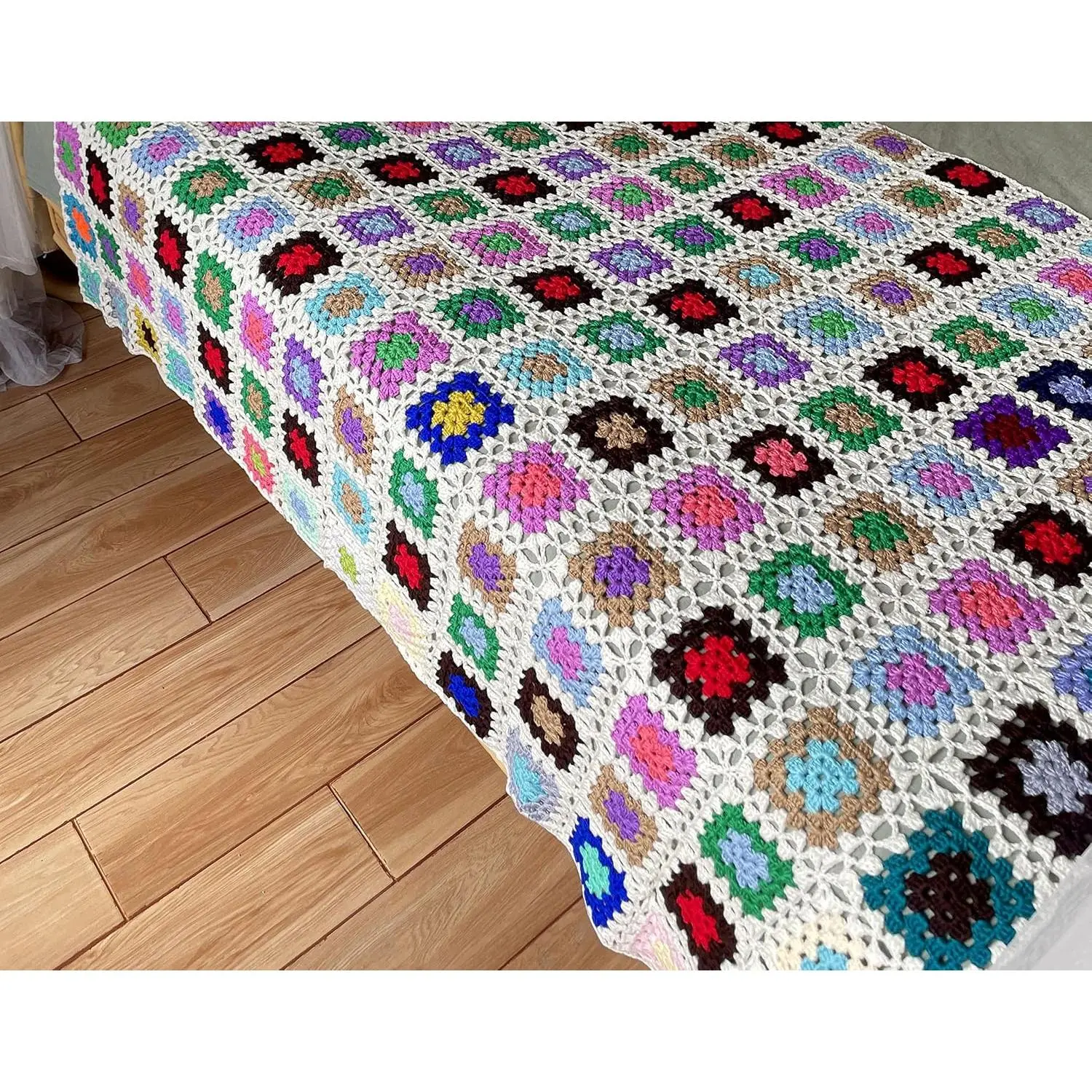 RISEON  Granny Square Crochet Throw Blanket Sweater Style Mat, crochet quilt, multicolor Boho Travel Accent Decor Throw for Sofa Comforter Couch Bed Recliner Living Room Bedroom (Dark Brown)
