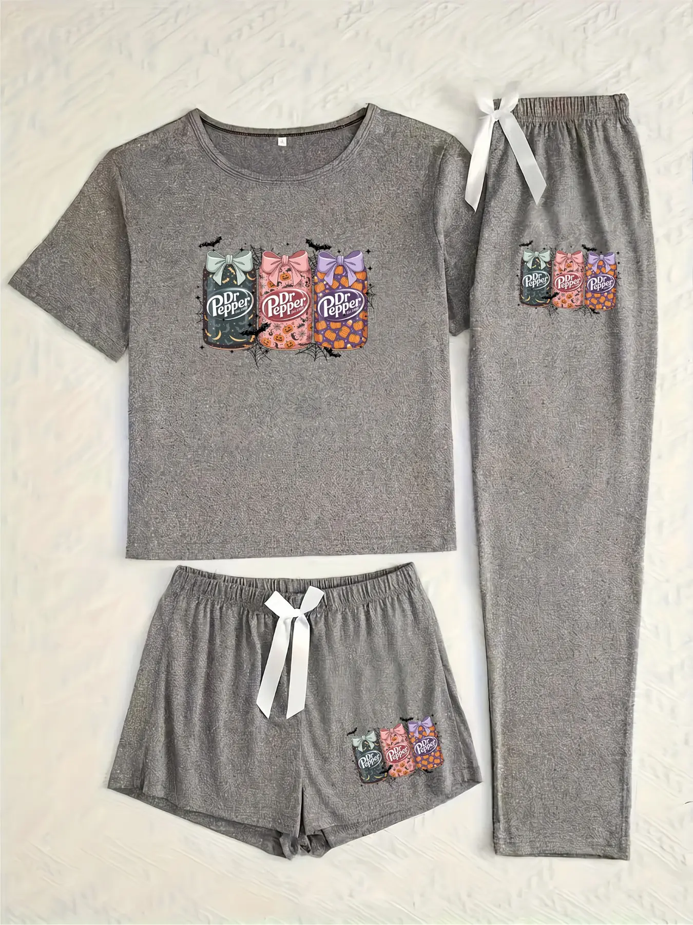 Three-Piece Pajama Set for Women, Halloween Dr Pepper Drink Print, Casual Fitted Sleepwear, All Seasons Comfortable Nightwear, Loungewear