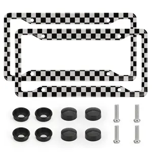 2pcs Black White Checkered License Plate Frames with Screws & Caps, Rust Proof ＆ Easy to Install, Stylish Universal Aluminum Automotive Car Tag Holder for Boys/Girls, Car Accessories for Truck SUV, Car Exterior Decoration Accessories for Men/Women