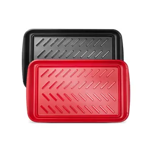 【DealsForYouDays】VEVOR Plastic Serving Trays, 2-Pack Grilling Prep and Serve Trays with Handles, 17x10.35 Inch Anti-Slip Melamine Food Tray, Ideal for BBQ, Kitchen, Cafeteria, Ottoman, Coffee Table, Black and Red