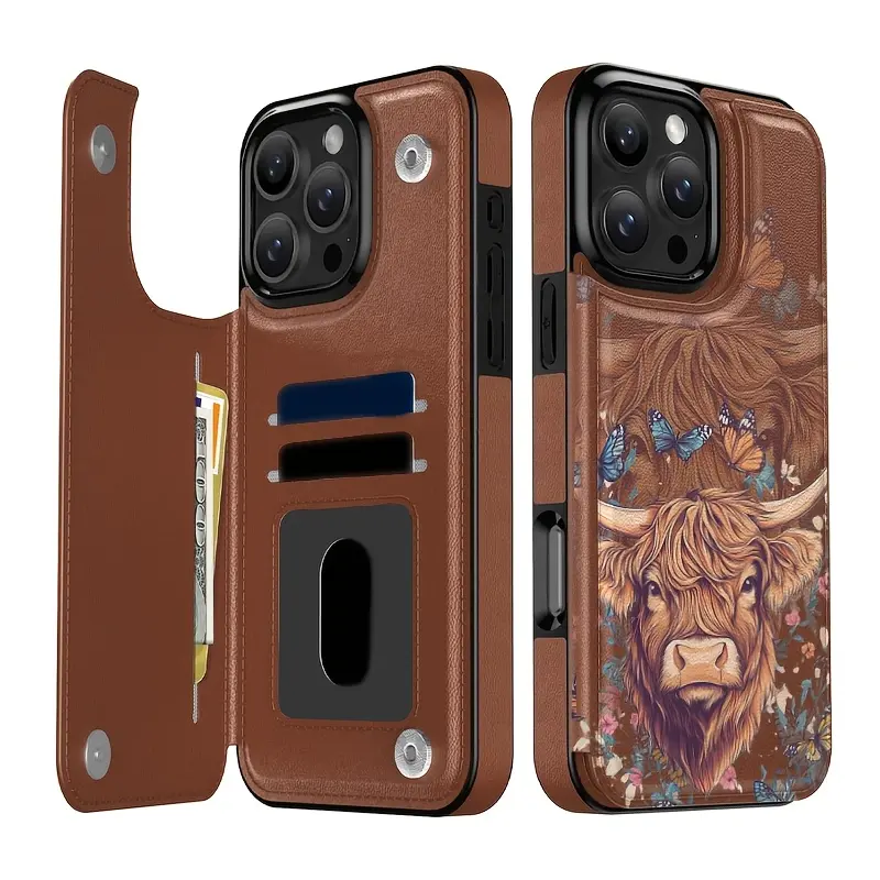 Retro Western Highland Cow Leather Wallet iPhone Case - Vintage Ranch Design for iPhone 17/16/15 Pro Max/14 Plus/13/12 Pro/Air