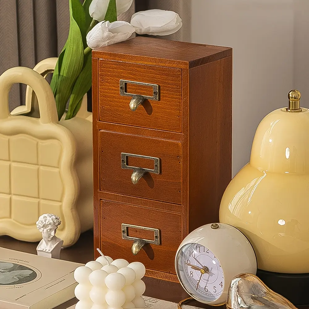 Vintage 3-tier wooden storage box, multifunctional jewelry cosmetics storage box, sorting box with metal handle, desk decoration drawer organizer, essential gift box for bedroom, kitchen, bathroom organization and decoration, Christmas gift